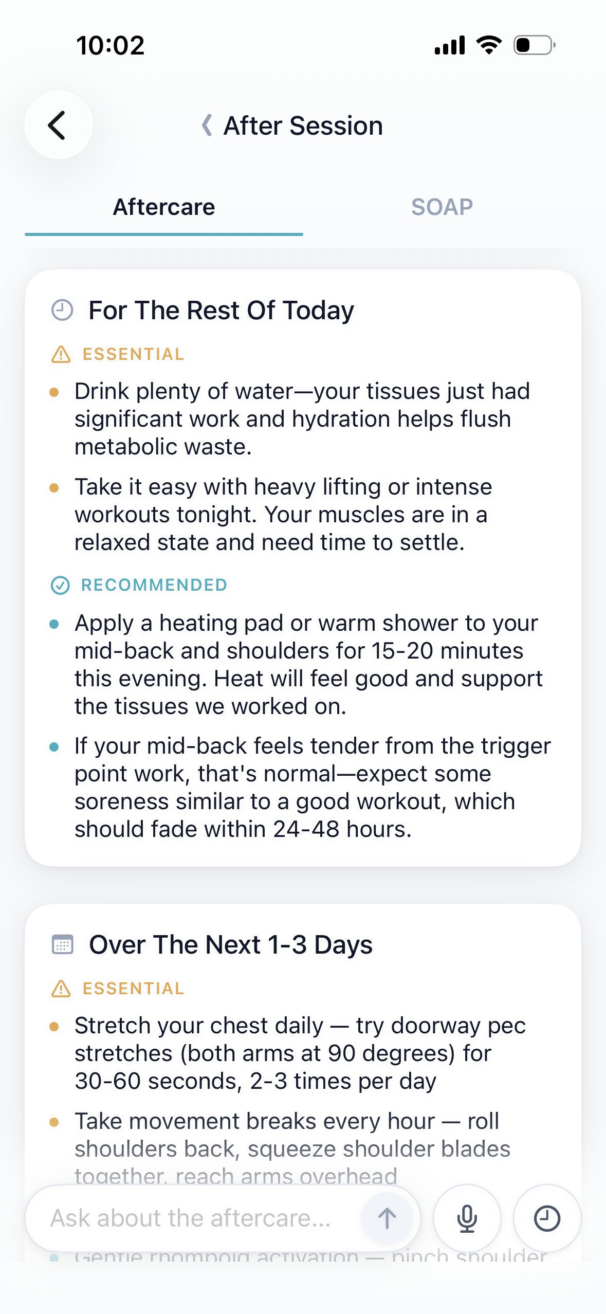 Aftercare instructions personalized to the session's focus areas